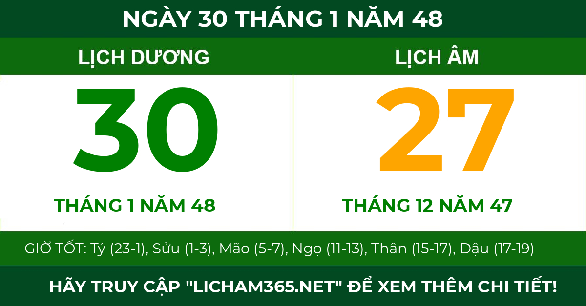 lịch âm ngày 30 tháng 1 năm 48