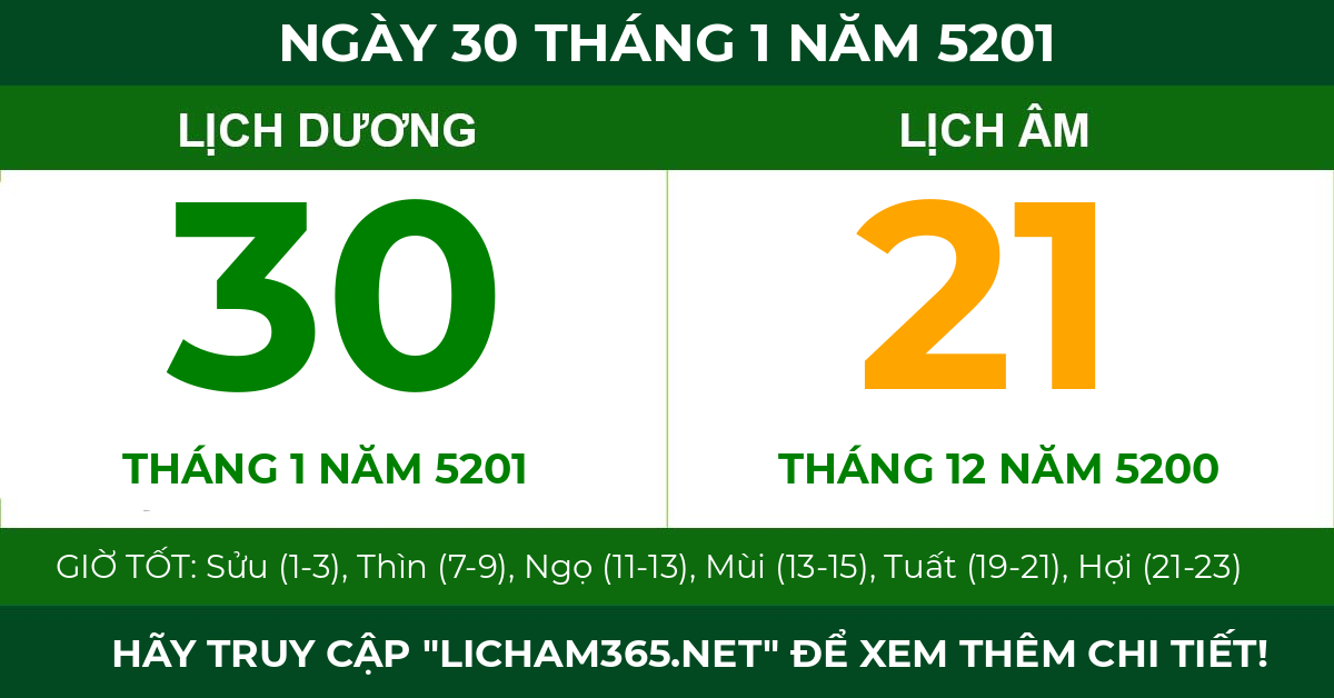 lịch âm ngày 30 tháng 1 năm 5201