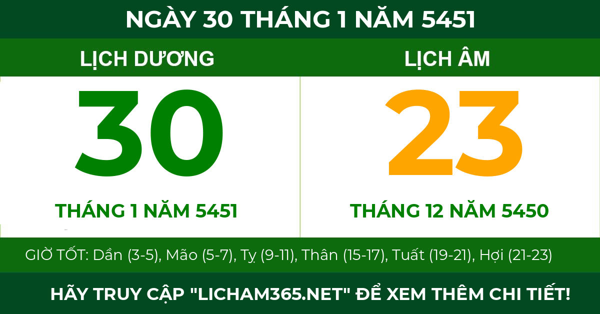 lịch âm ngày 30 tháng 1 năm 5451