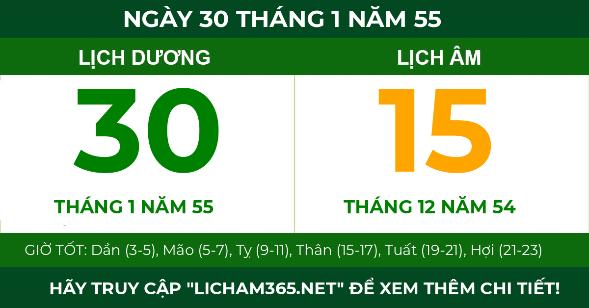lịch âm ngày 30 tháng 1 năm 55