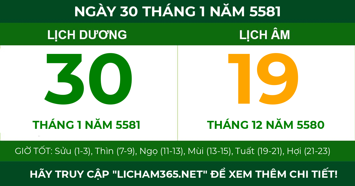 lịch âm ngày 30 tháng 1 năm 5581