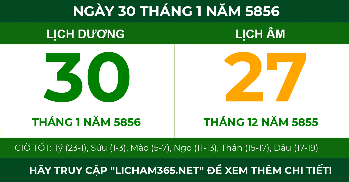lịch âm ngày 30 tháng 1 năm 5856