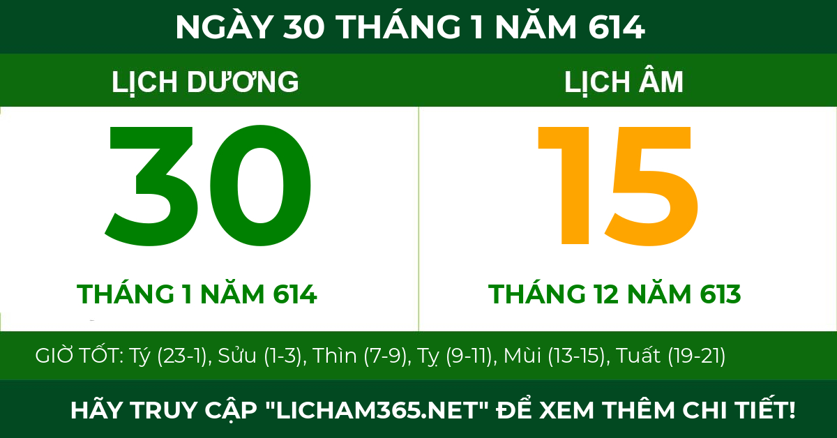 lịch âm ngày 30 tháng 1 năm 614