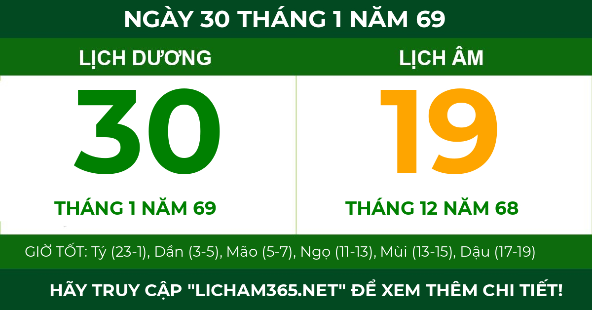 lịch âm ngày 30 tháng 1 năm 69