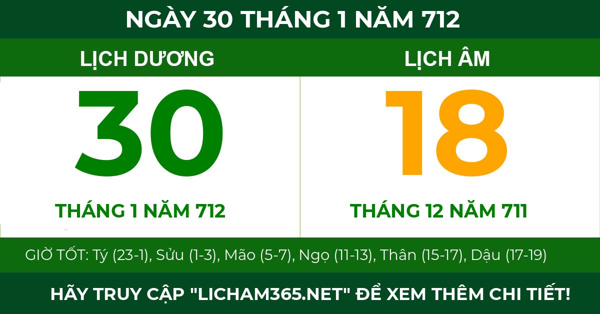 lịch âm ngày 30 tháng 1 năm 712