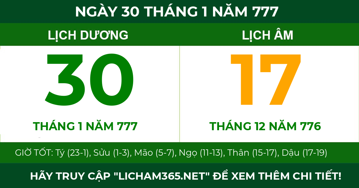 lịch âm ngày 30 tháng 1 năm 777