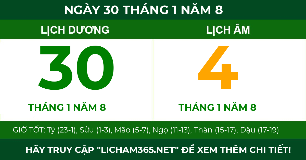 lịch âm ngày 30 tháng 1 năm 8