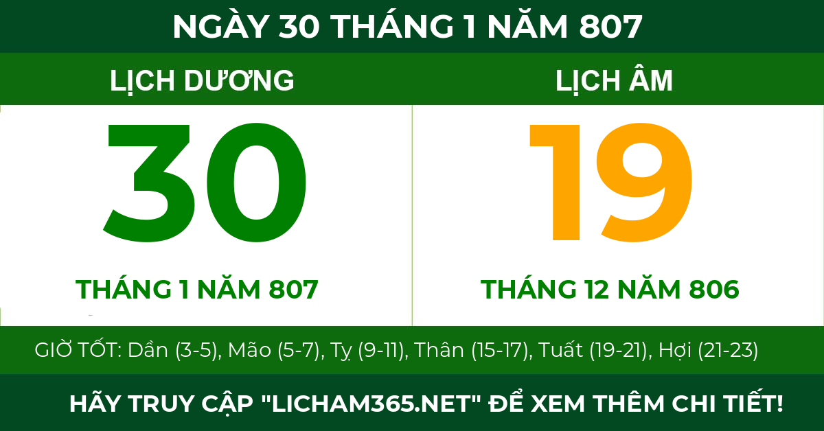 lịch âm ngày 30 tháng 1 năm 807