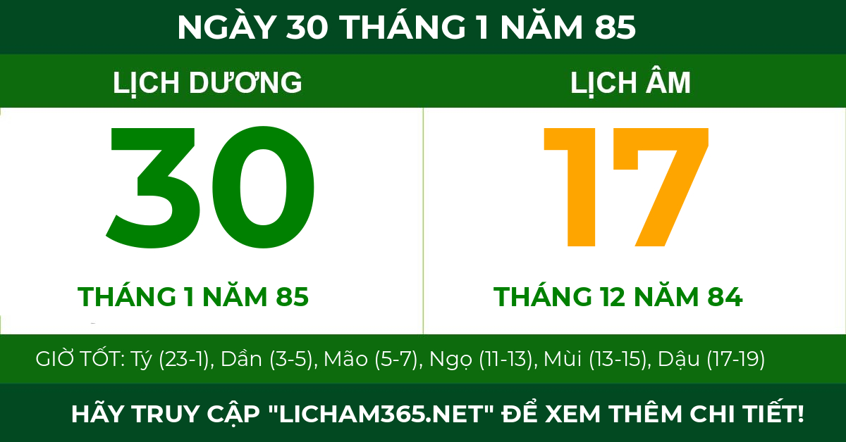 lịch âm ngày 30 tháng 1 năm 85