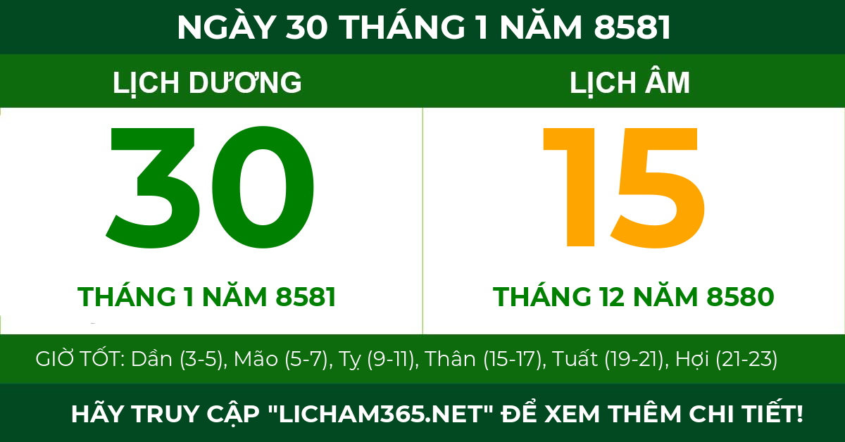 lịch âm ngày 30 tháng 1 năm 8581