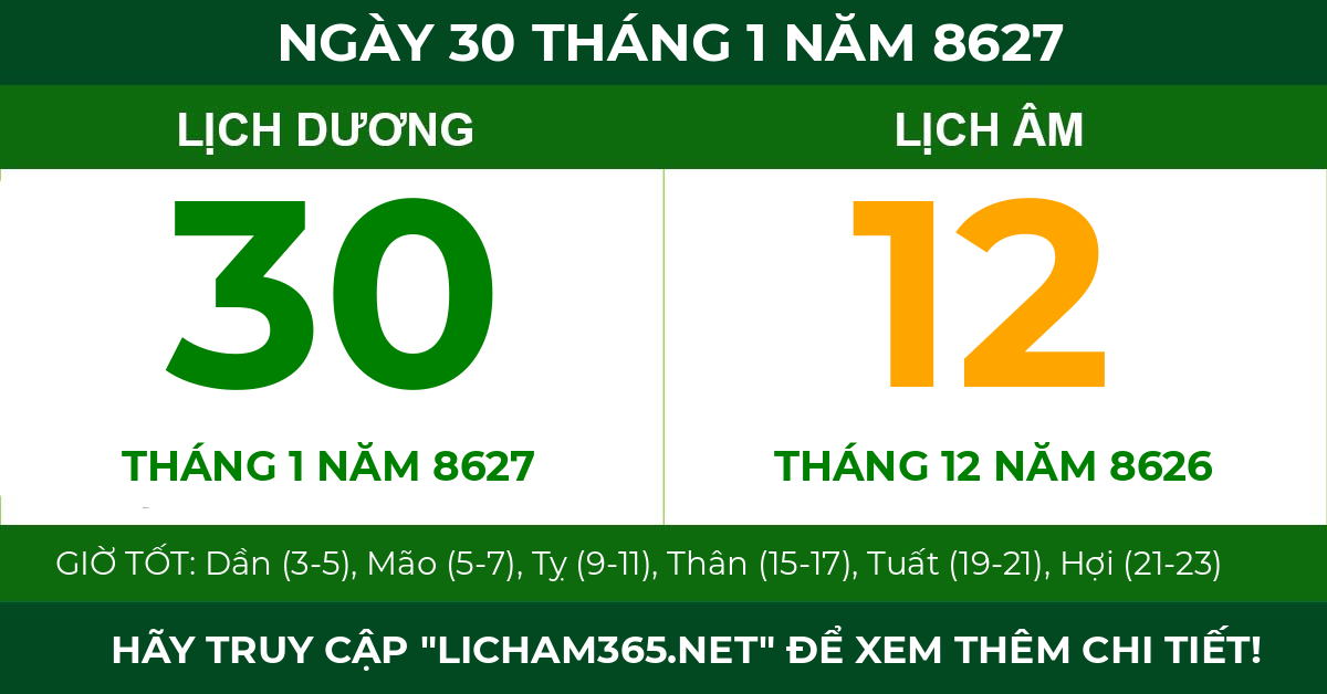 lịch âm ngày 30 tháng 1 năm 8627