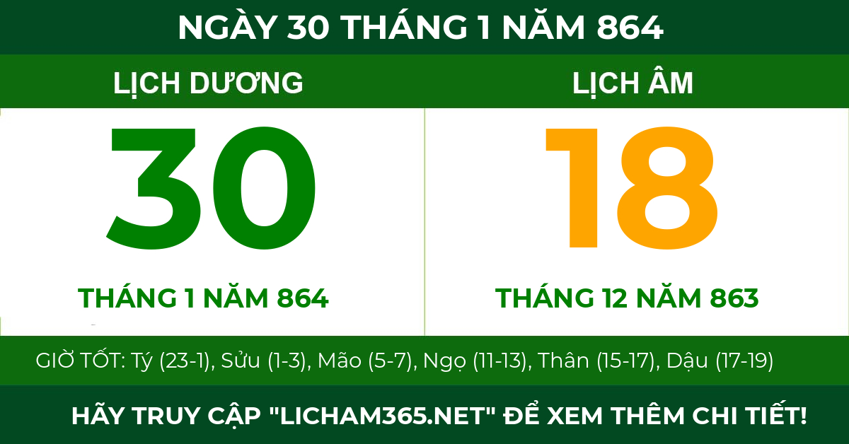 lịch âm ngày 30 tháng 1 năm 864