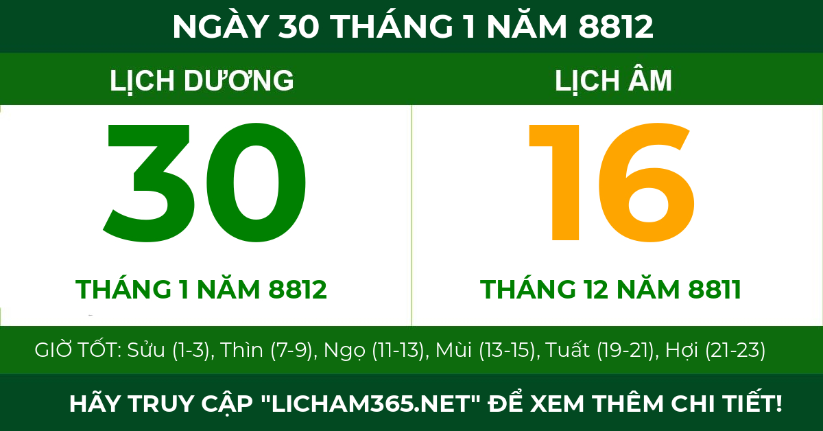 lịch âm ngày 30 tháng 1 năm 8812