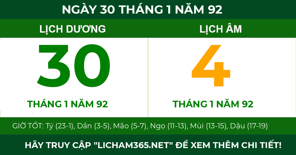 lịch âm ngày 30 tháng 1 năm 92