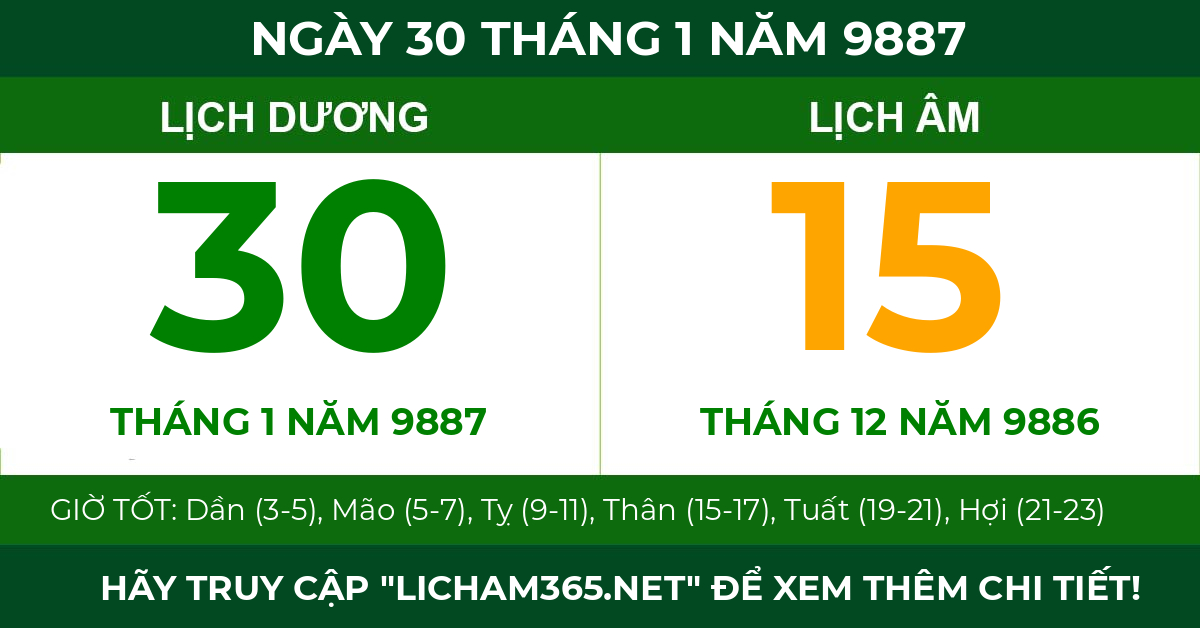 lịch âm ngày 30 tháng 1 năm 9887
