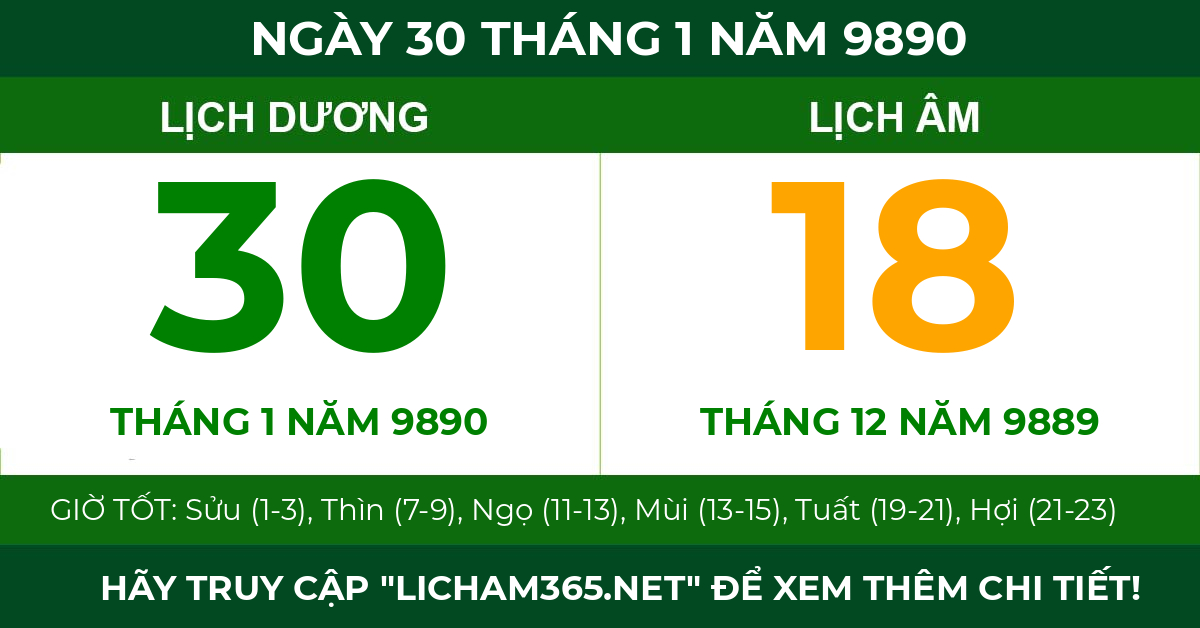 lịch âm ngày 30 tháng 1 năm 9890