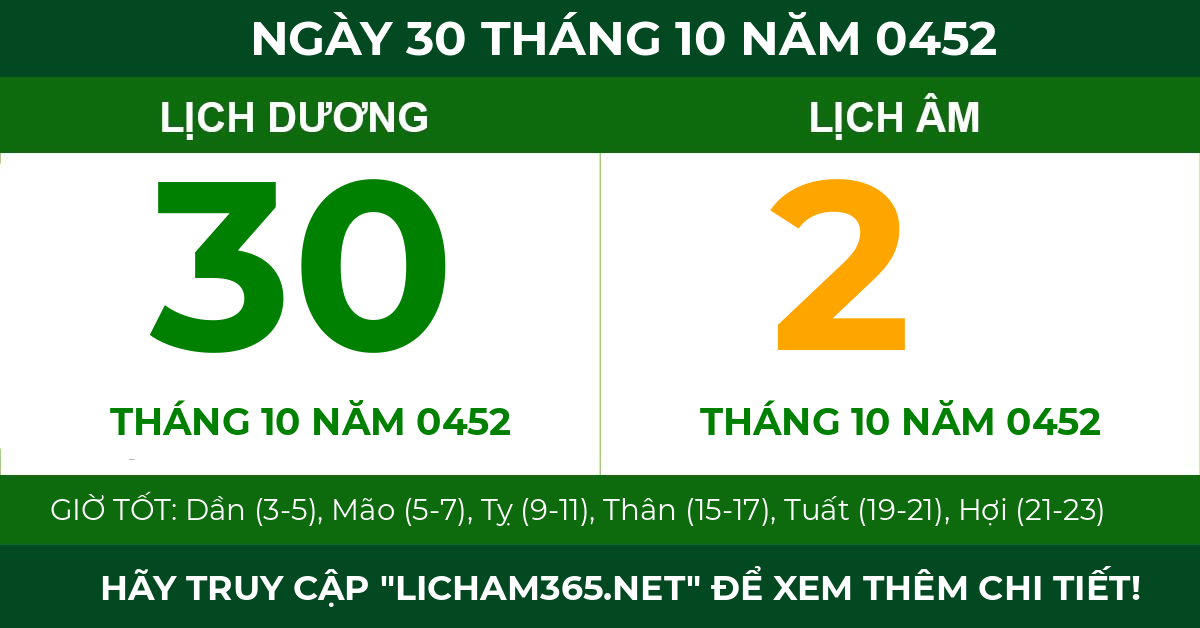 lịch âm ngày 30 tháng 10 năm 0452
