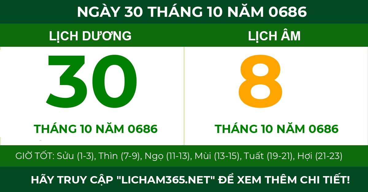 lịch âm ngày 30 tháng 10 năm 0686