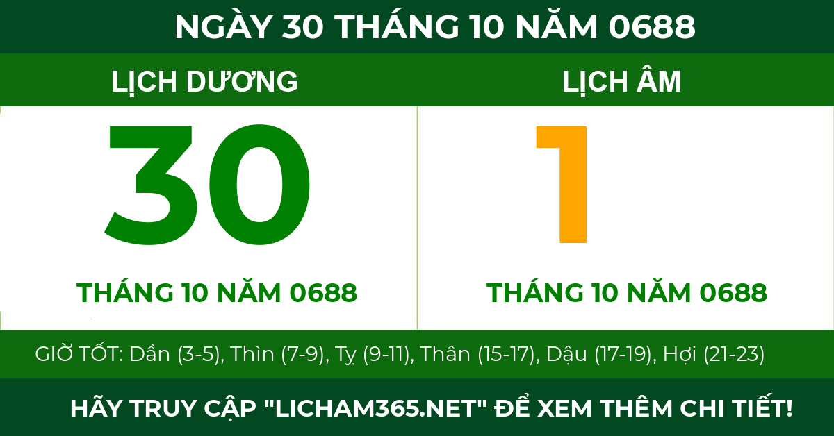 lịch âm ngày 30 tháng 10 năm 0688