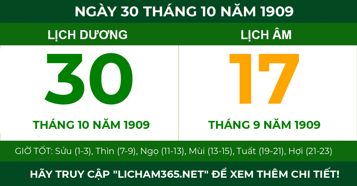 lịch âm ngày 30 tháng 10 năm 1909