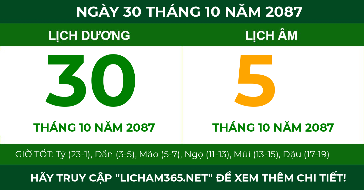 lịch âm ngày 30 tháng 10 năm 2087