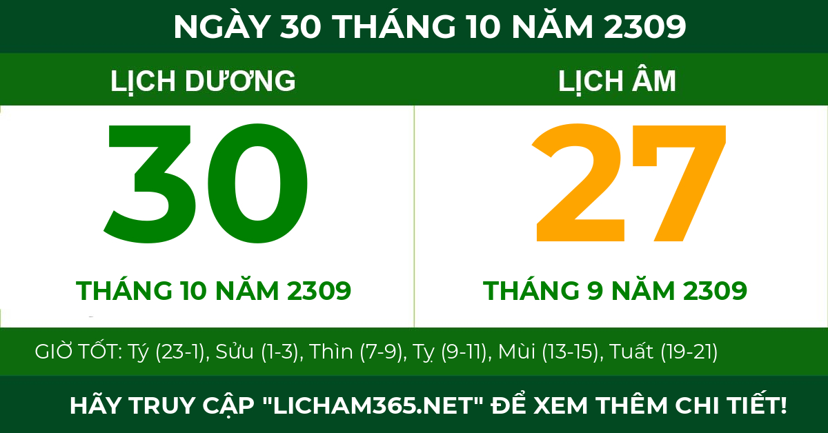 lịch âm ngày 30 tháng 10 năm 2309