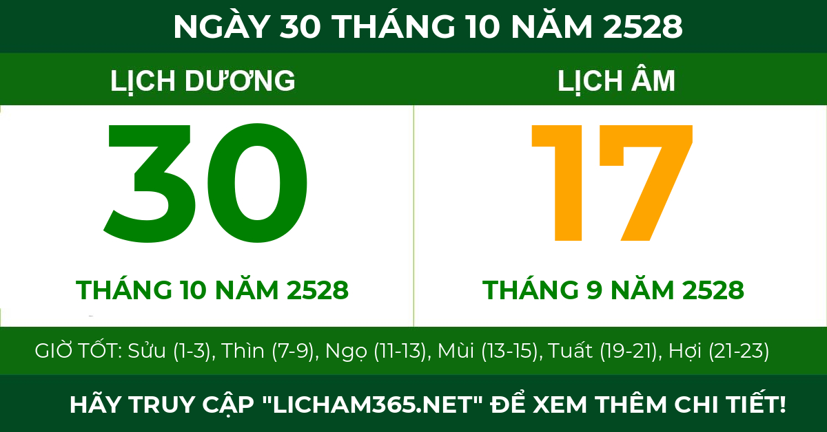 lịch âm ngày 30 tháng 10 năm 2528
