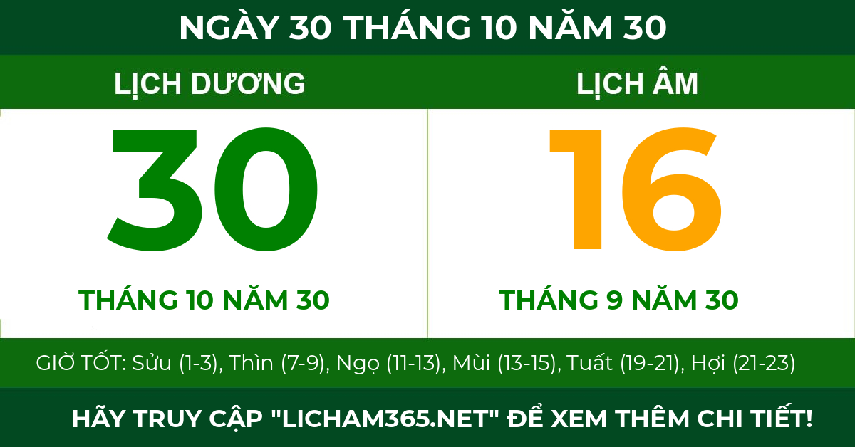 lịch âm ngày 30 tháng 10 năm 30