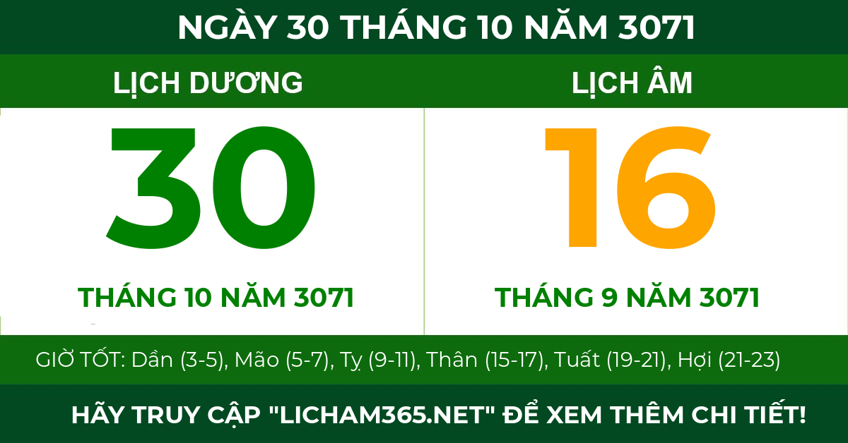 lịch âm ngày 30 tháng 10 năm 3071