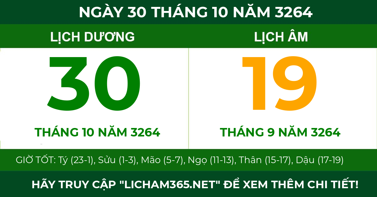 lịch âm ngày 30 tháng 10 năm 3264