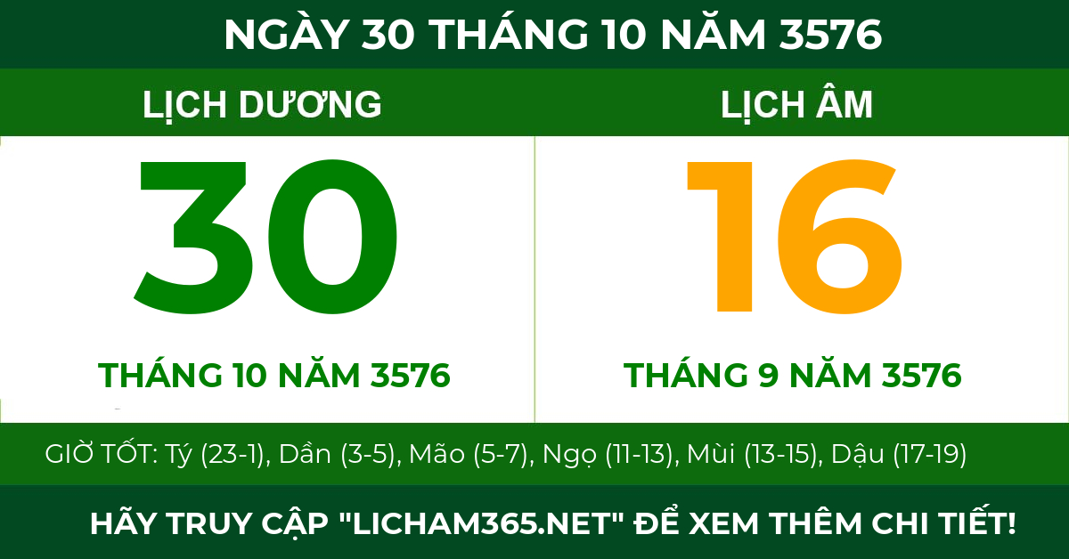 lịch âm ngày 30 tháng 10 năm 3576