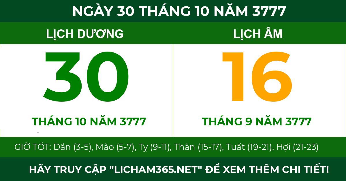 lịch âm ngày 30 tháng 10 năm 3777