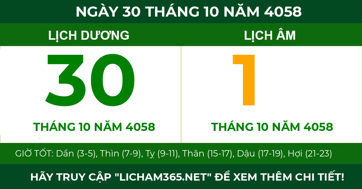 lịch âm ngày 30 tháng 10 năm 4058