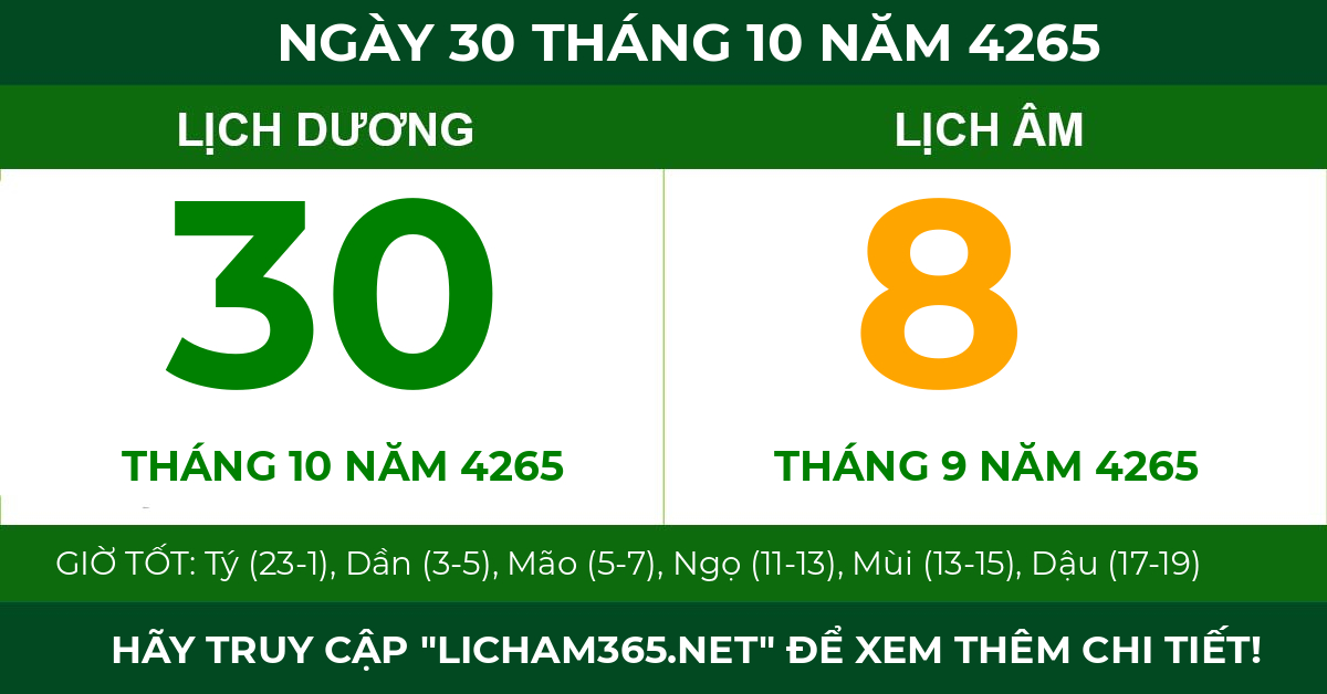 lịch âm ngày 30 tháng 10 năm 4265