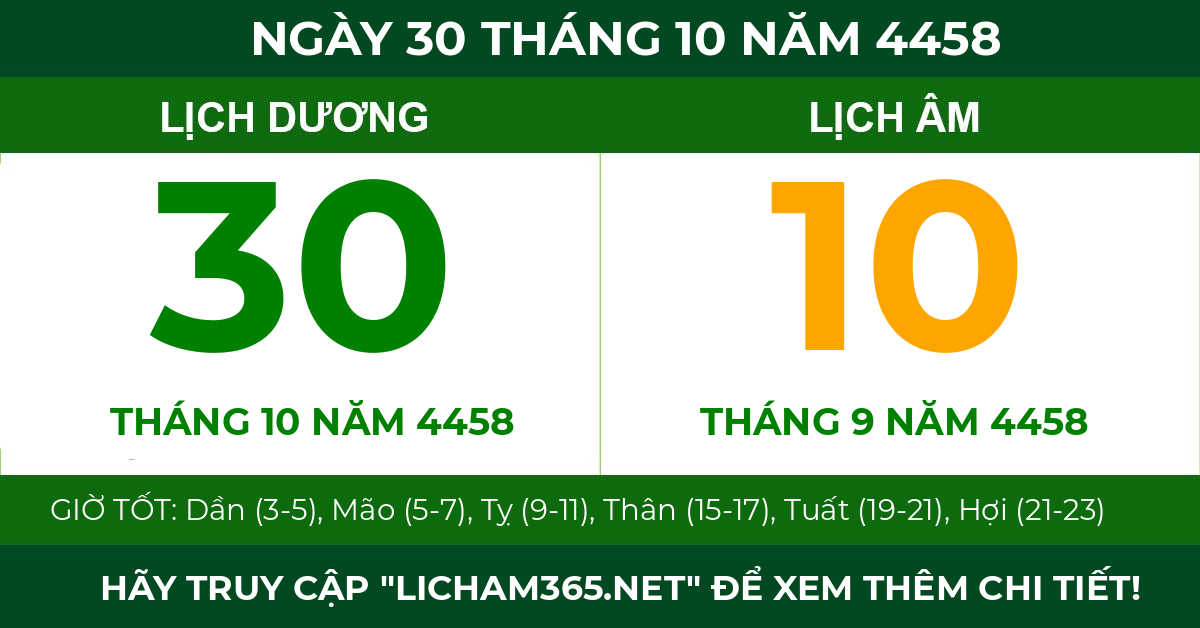 lịch âm ngày 30 tháng 10 năm 4458