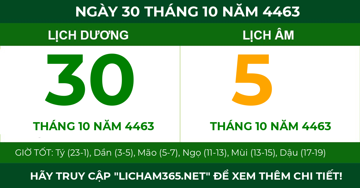 lịch âm ngày 30 tháng 10 năm 4463