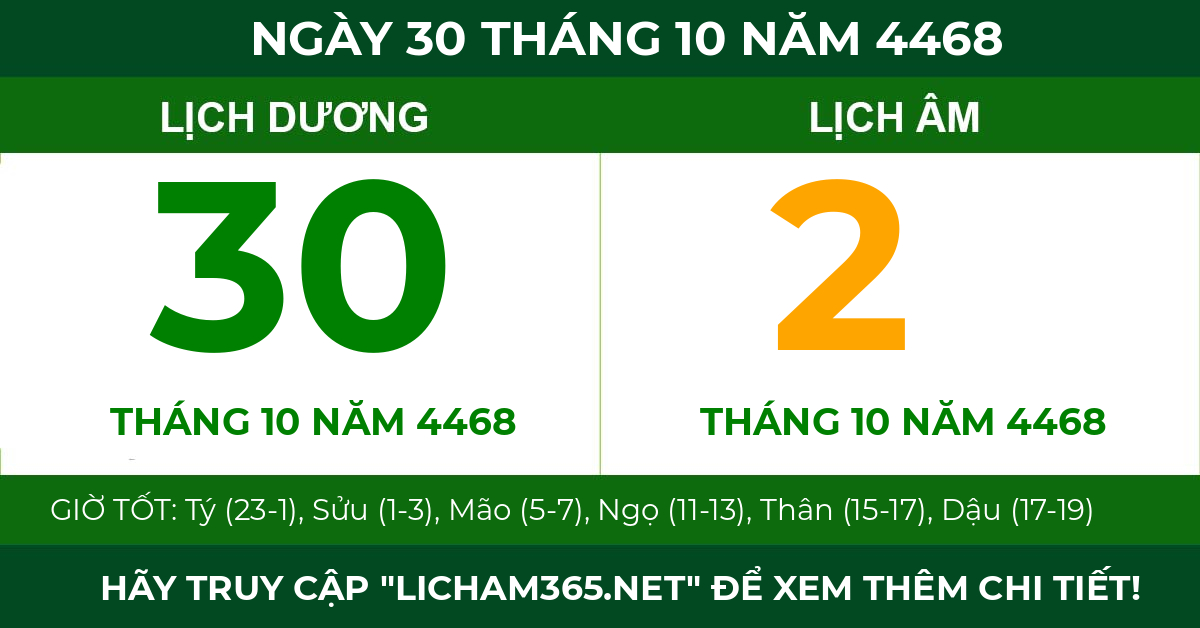 lịch âm ngày 30 tháng 10 năm 4468