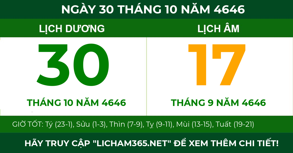 lịch âm ngày 30 tháng 10 năm 4646