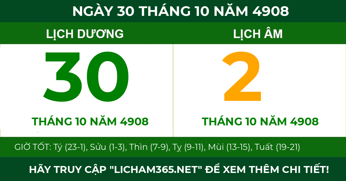 lịch âm ngày 30 tháng 10 năm 4908