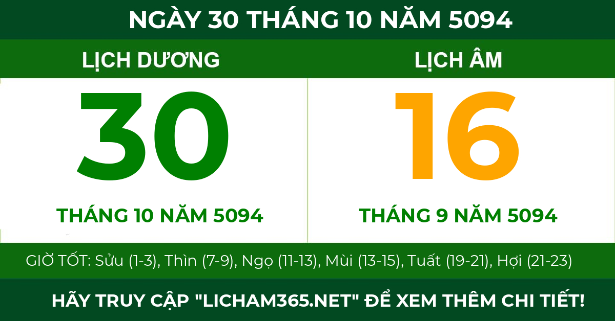 lịch âm ngày 30 tháng 10 năm 5094