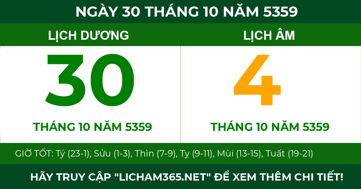 lịch âm ngày 30 tháng 10 năm 5359