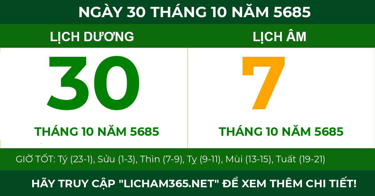 lịch âm ngày 30 tháng 10 năm 5685