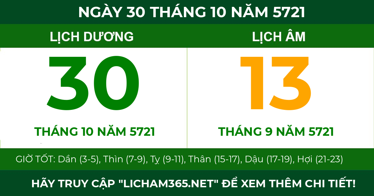 lịch âm ngày 30 tháng 10 năm 5721