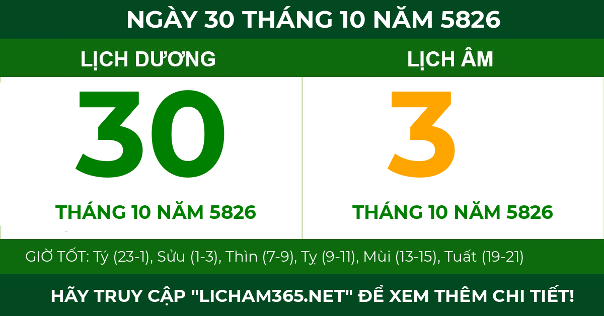 lịch âm ngày 30 tháng 10 năm 5826