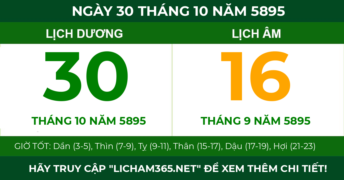 lịch âm ngày 30 tháng 10 năm 5895