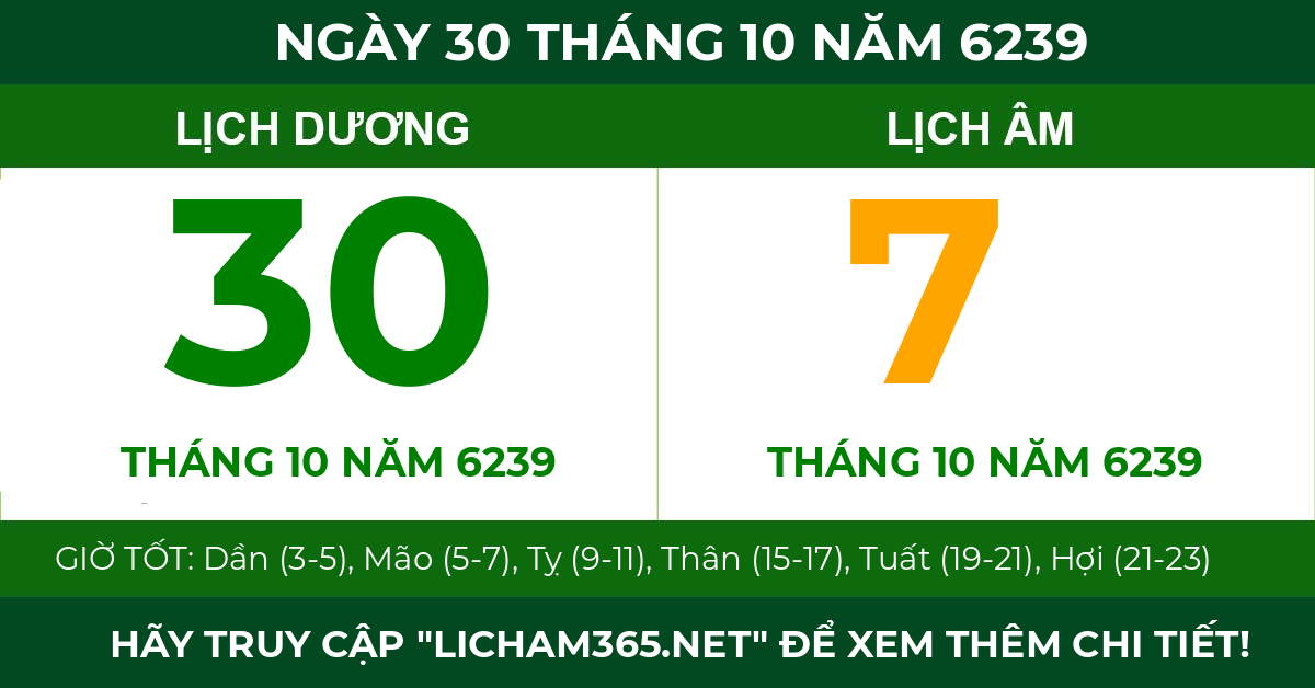 lịch âm ngày 30 tháng 10 năm 6239