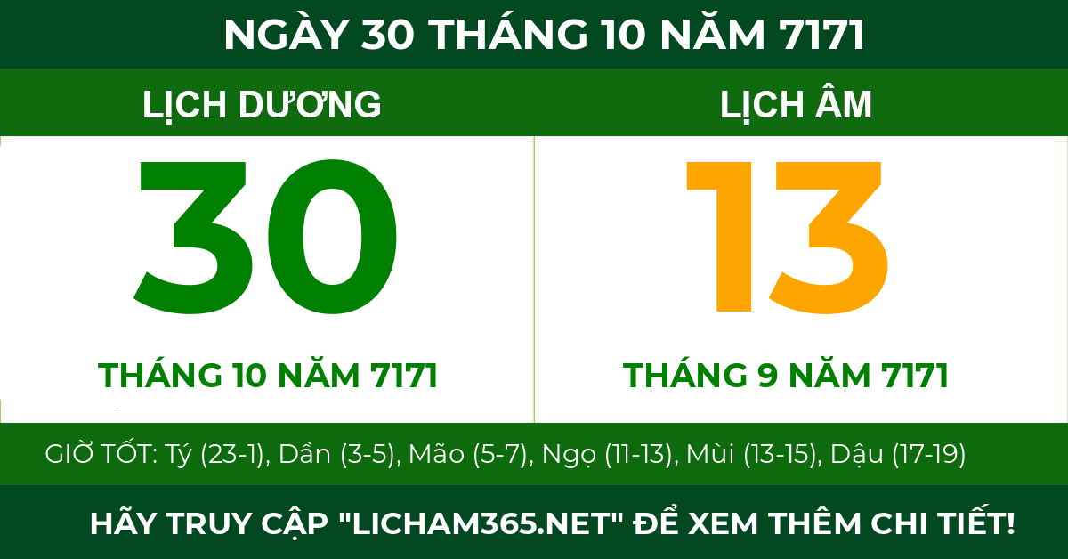 lịch âm ngày 30 tháng 10 năm 7171