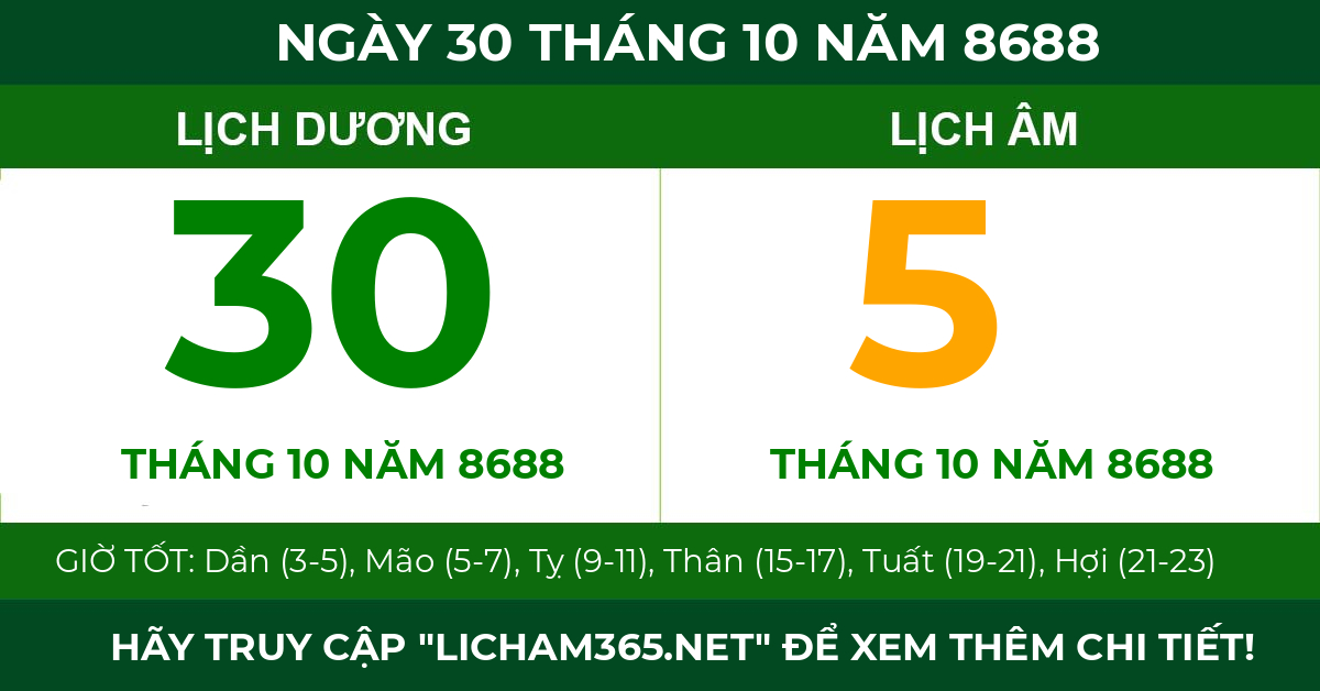 lịch âm ngày 30 tháng 10 năm 8688