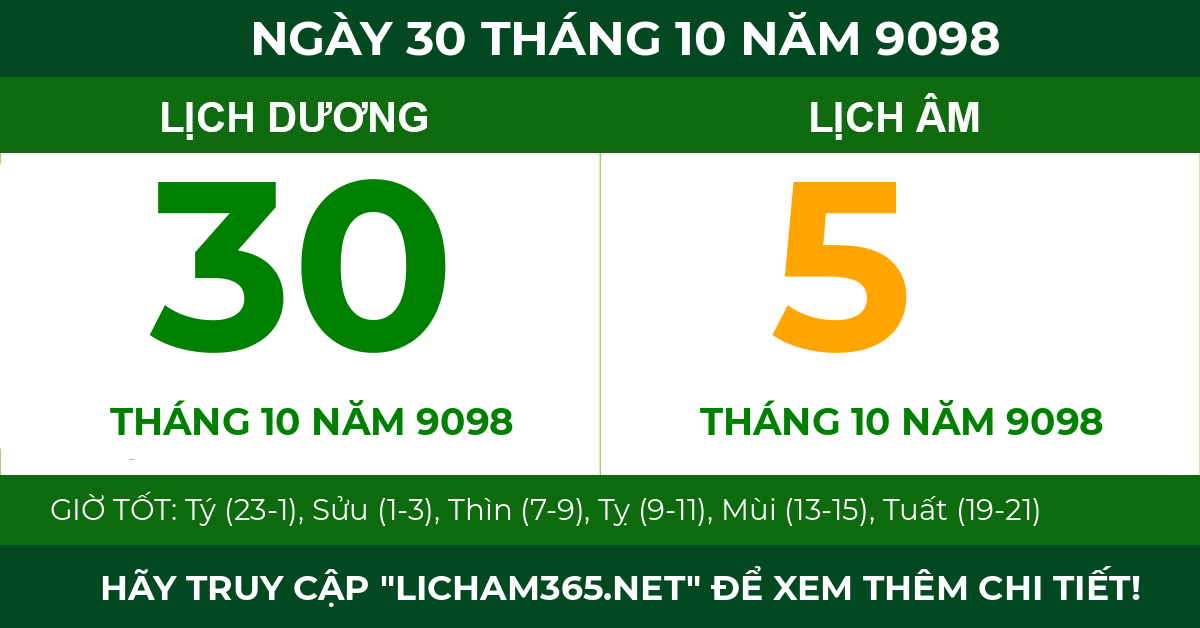 lịch âm ngày 30 tháng 10 năm 9098