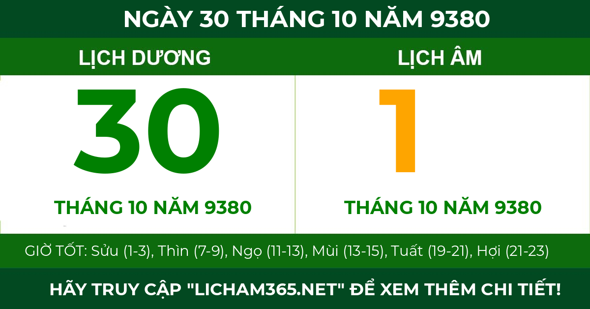 lịch âm ngày 30 tháng 10 năm 9380